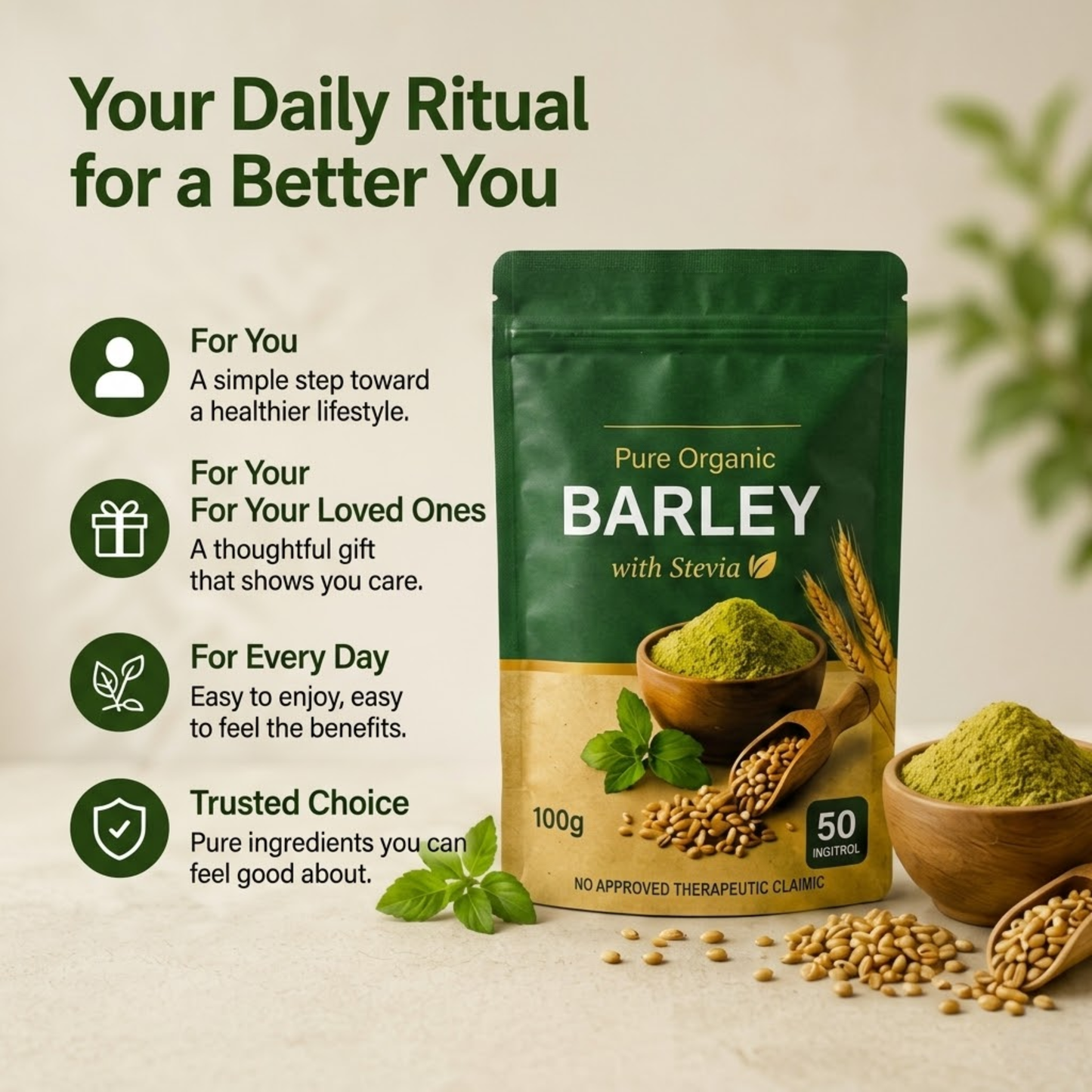 Pure Organic Barley Powder with Stevia (100g)