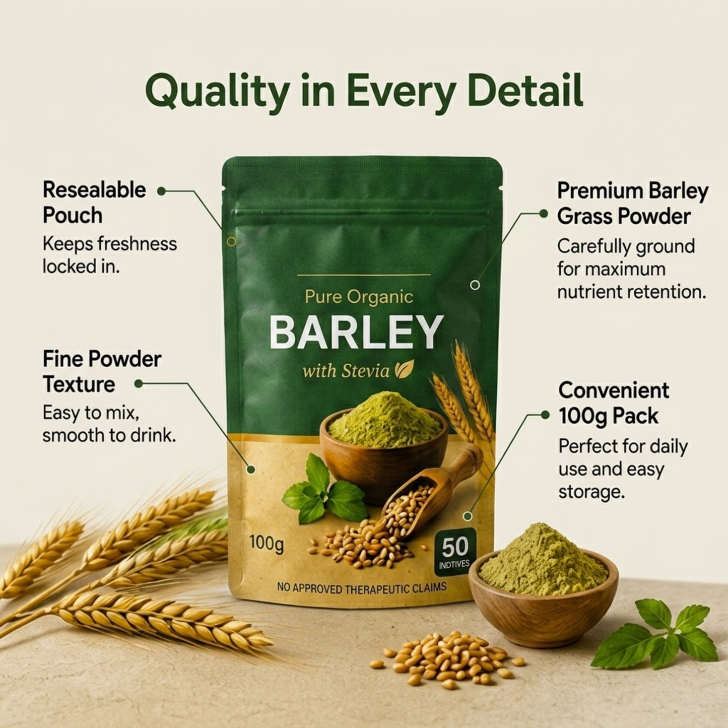 Pure Organic Barley Powder with Stevia (100g)